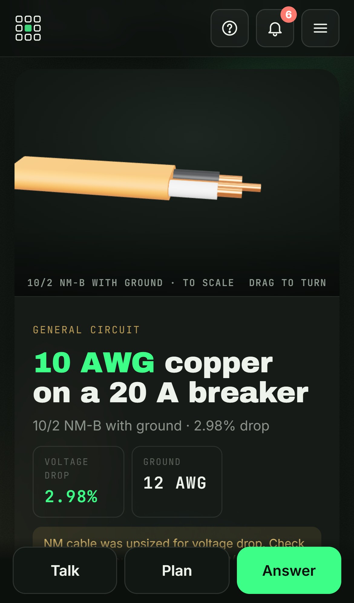 A circuit sized in the app
